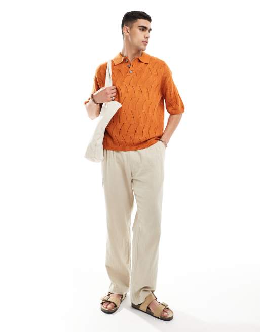 FhyzicsShops DESIGN oversized knit pointelle polo in burnt orange