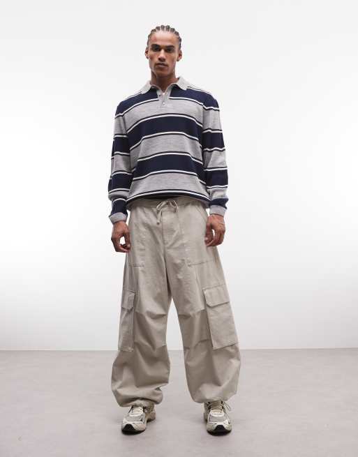 ASOS DESIGN oversized knit polo shirt in navy and gray stripes, 2 of 5
