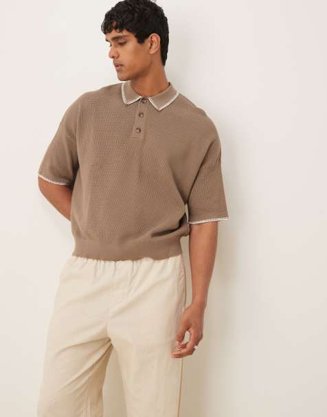 ASOS DESIGN oversized knit polo shirt with blanket stitch details in brown - view 1