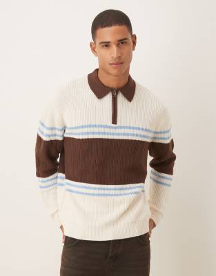 Asos Design Oversized Knit Polo Sweater In Brown