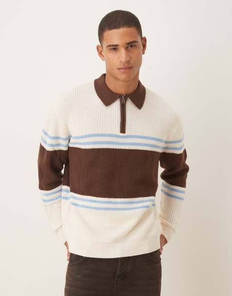 ASOS DESIGN oversized knit polo sweater in beige with brown stripes - view 1