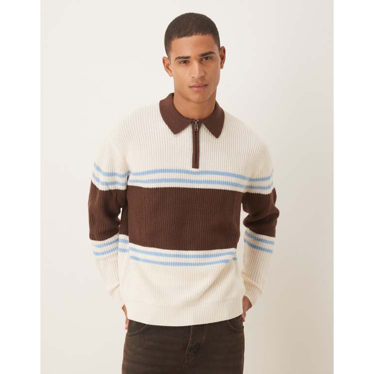 ASOS DESIGN oversized knit polo sweater in beige with brown