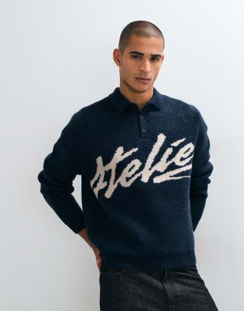 ASOS DESIGN oversized knit polo with atelier graphic in black - view 1