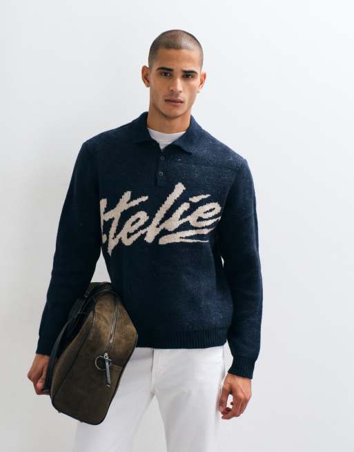 ASOS DESIGN oversized knit polo with atelier graphic in black, 5 of 5