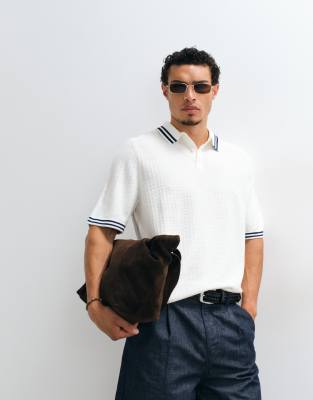 Asos Design Oversized Knit Polo With Red Tipping In White