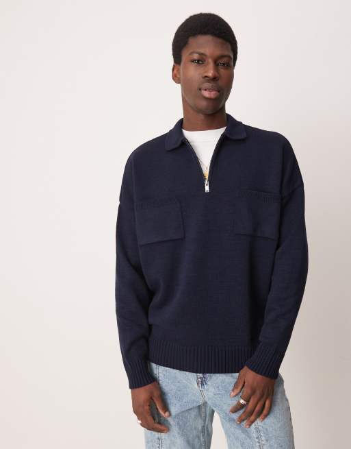 ASOS DESIGN oversized knit quarter zip polo with chest