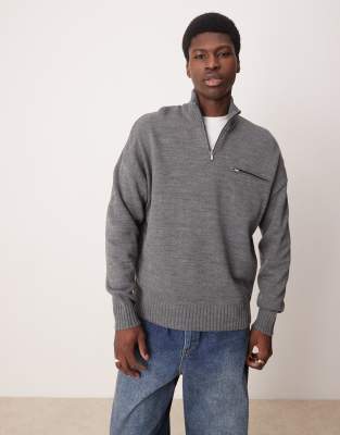 oversized knit quarter zip sweater with zip pocket in charcoal gray