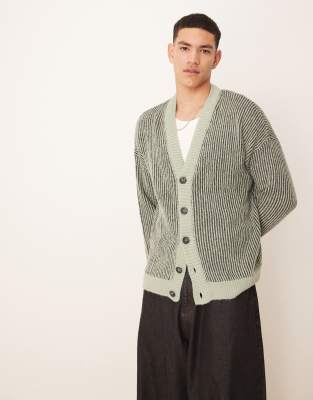 Asos Design Oversized Knit Fisherman Rib Cardigan With Contrast Trim In Brown In Green