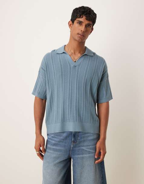 ASOS DESIGN oversized knit rib notch neck polo in blue - view 1