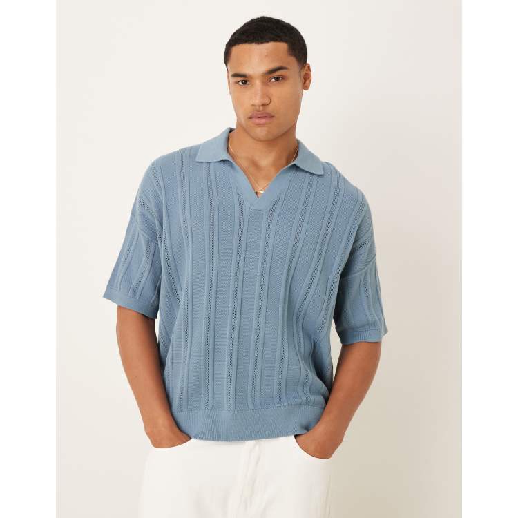 ASOS DESIGN oversized knit rib notch neck polo in blue | ASOS