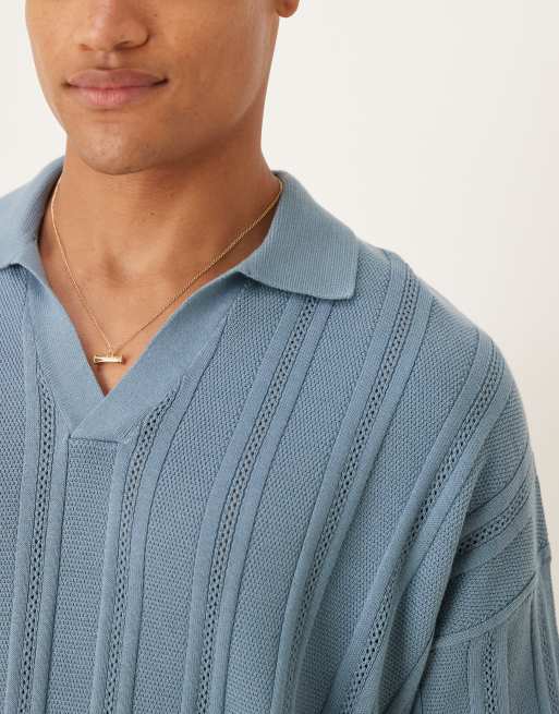 ASOS DESIGN oversized knit rib notch neck polo in blue