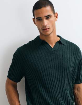 Asos Design Oversized Knit Ribbed Texture Polo In Blue
