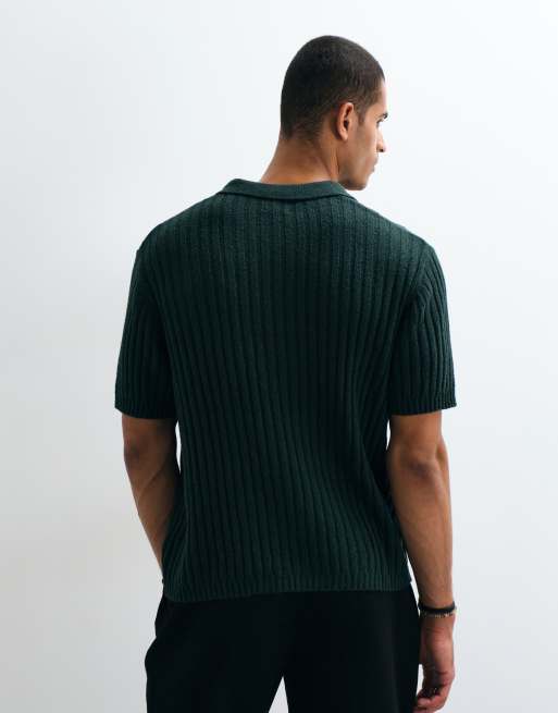 ASOS DESIGN oversized knit ribbed texture polo in green, 5 of 5