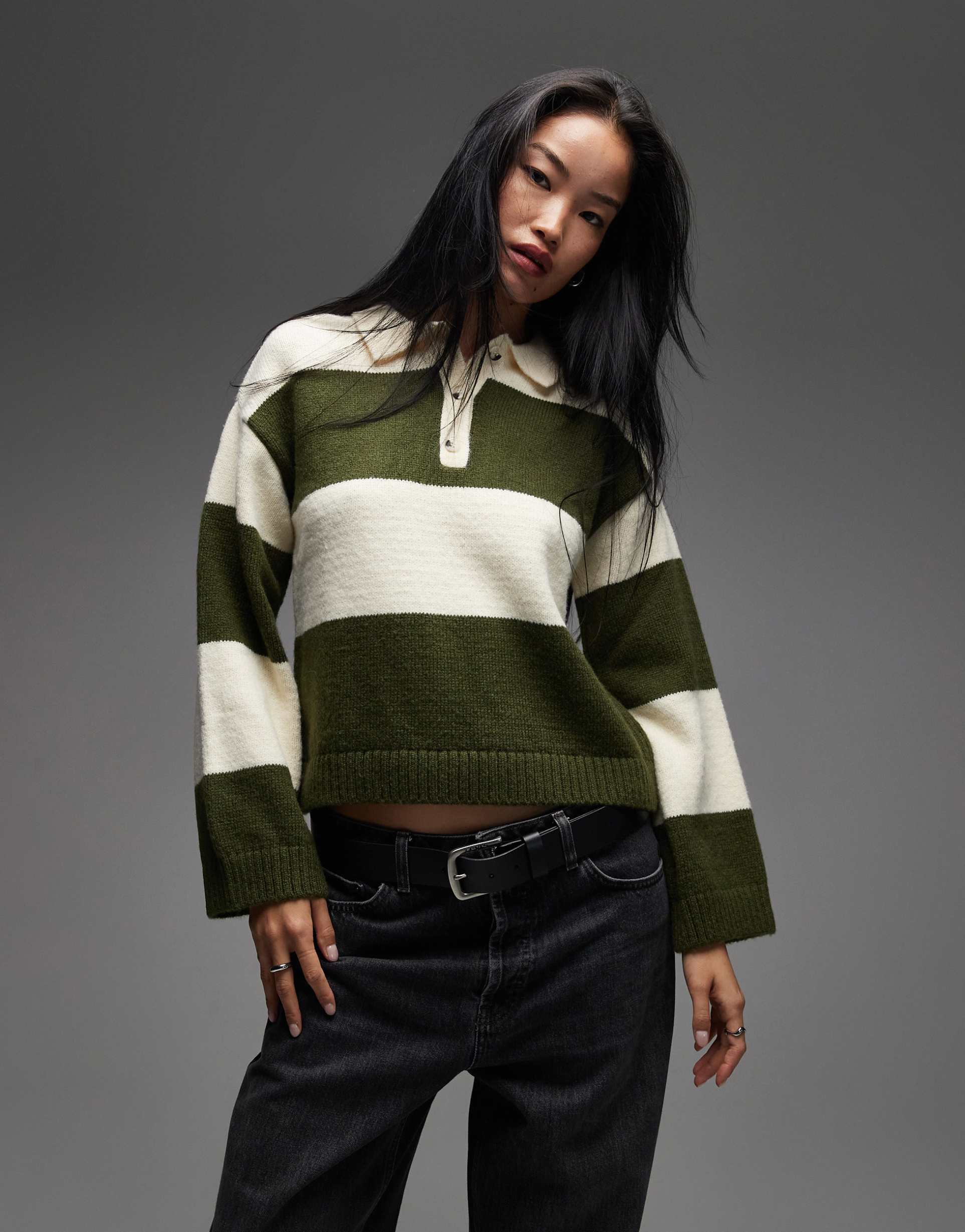 asos design oversized knit rugby top in green stripe