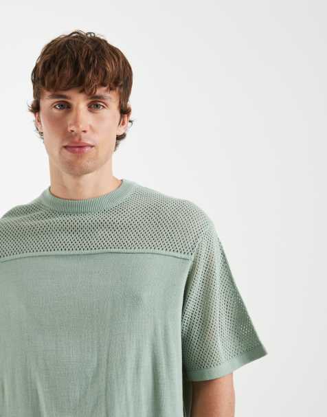 ASOS DESIGN oversized knit short sleeve crochet T-shirt in sage green - view 1