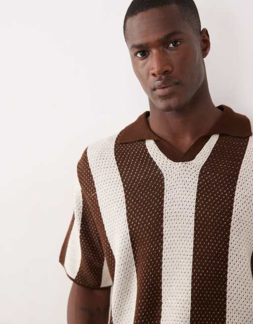 ASOS DESIGN oversized knit stripe notch in brown and ecru, 3 of 5