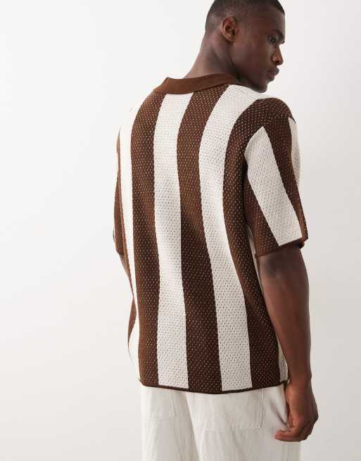 ASOS DESIGN oversized knit stripe notch in brown and ecru, 5 of 5
