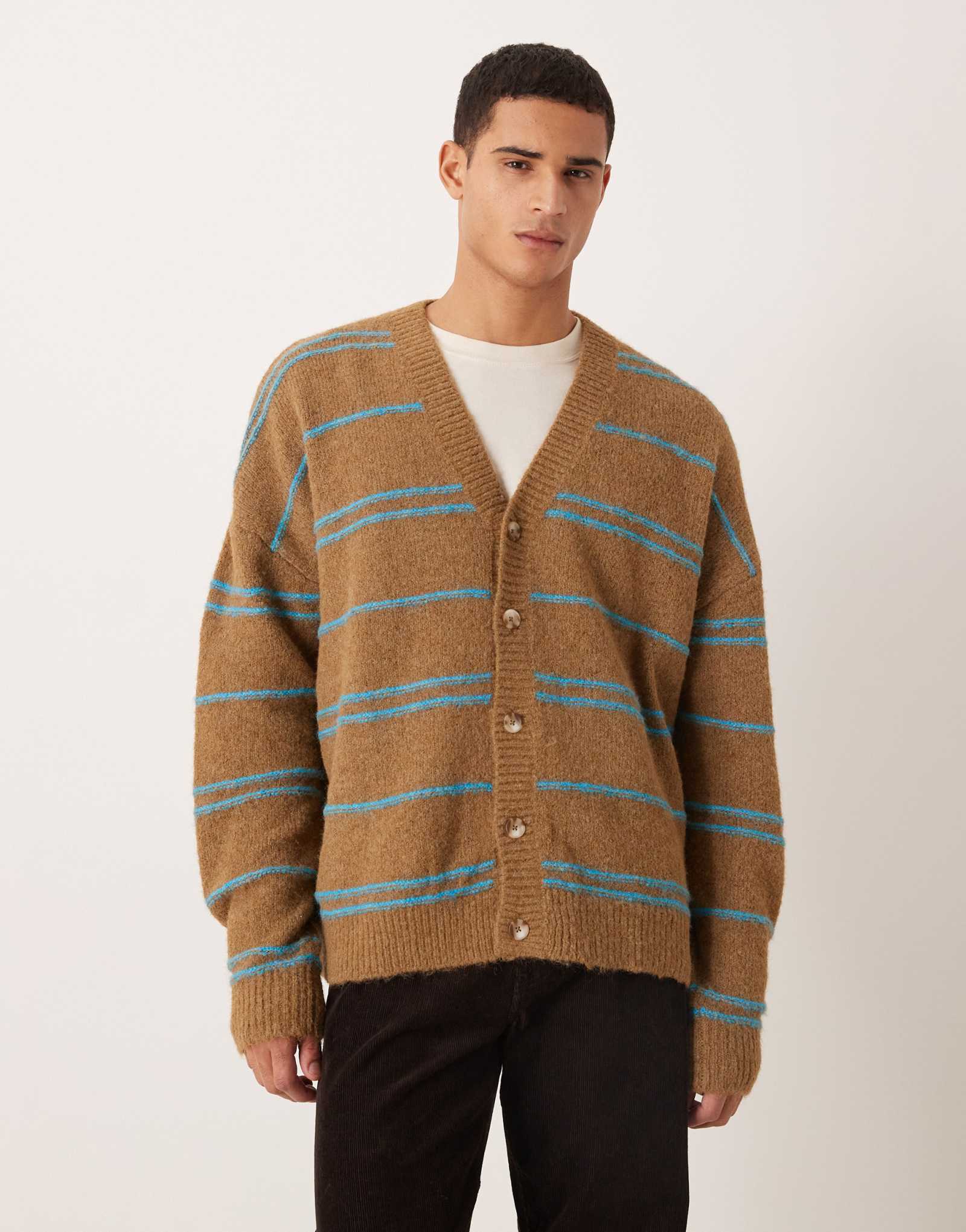 Вязаный кардиган в полоску оверсайз от ASOS DESIGN коричневого цвета