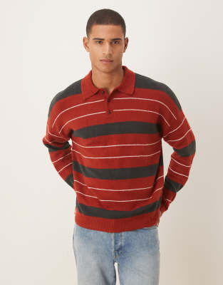 Asos Design Oversized Knit Striped Rugby Polo Shirt In Red