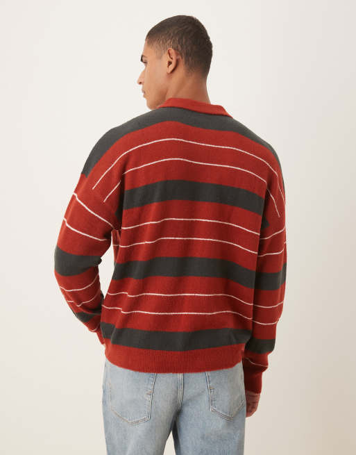 ASOS DESIGN oversized knit striped rugby polo shirt in red, 3 of 5