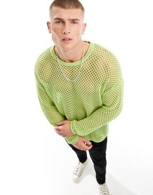 Asos Design Oversized Knit Sweater In Pointelle In Green