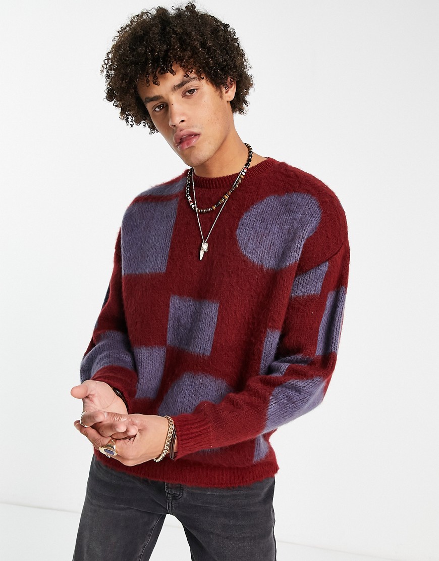 ASOS DESIGN oversized knit sweater with block print in red