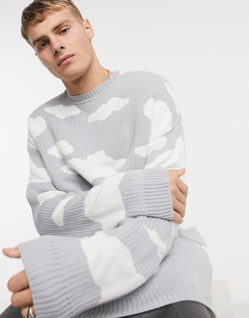Asos Design Oversized Knit Sweater With Cloud Design In Light Gray-grey