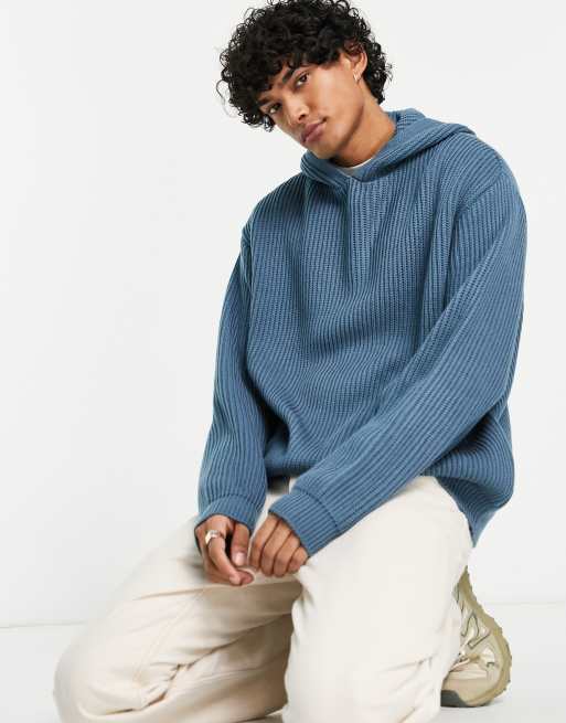 ASOS DESIGN oversized knit sweater with hood in blue