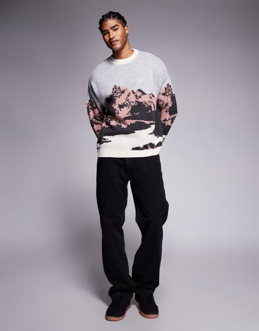 ASOS DESIGN oversized knit sweater with mountain graphic in beige