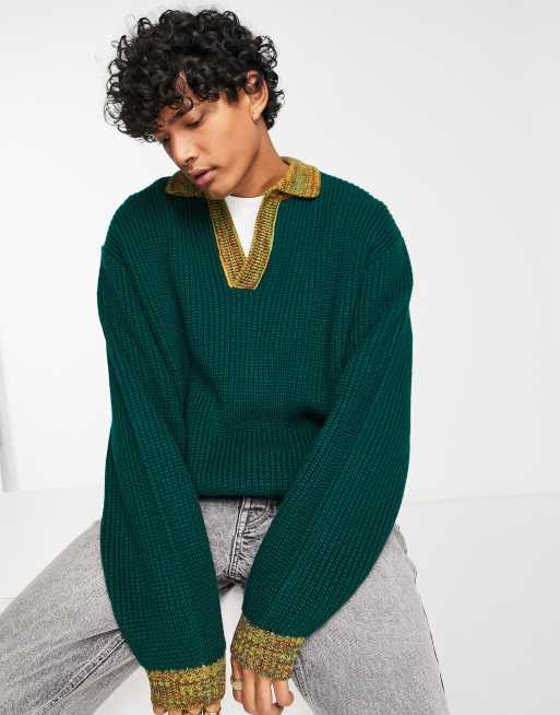 ASOS DESIGN oversized knit sweater with notch neck contrast trim in green