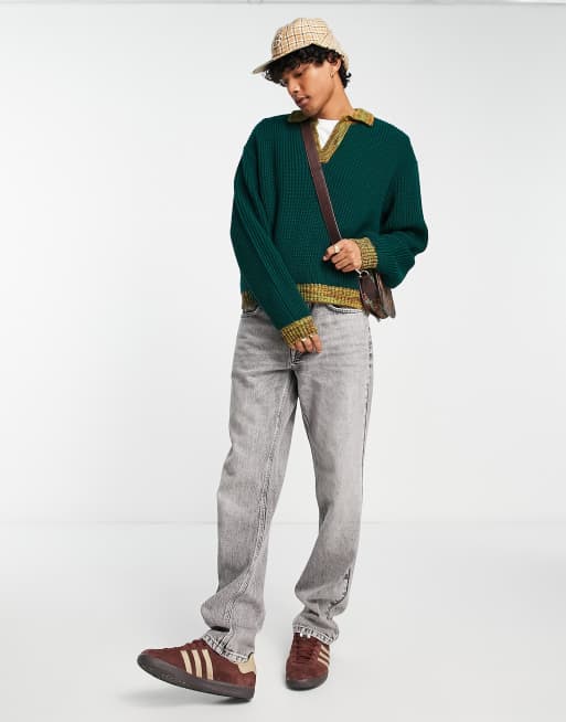 ASOS DESIGN oversized knit sweater with notch neck contrast trim in green, 4 of 4