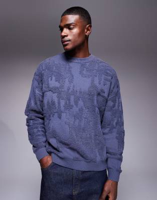 Asos Design Oversized Knit Sweater With Terrycloth Detailing In Blue