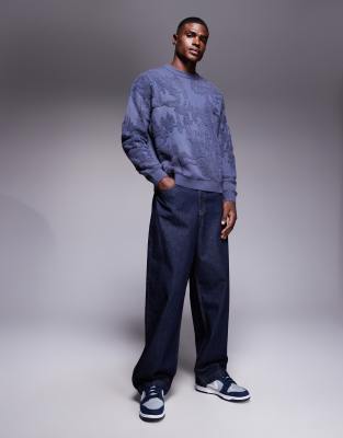 Asos Design Oversized Knit Sweater With Terrycloth Detailing In Blue