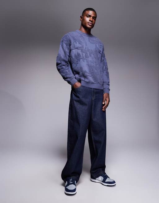 ASOS DESIGN oversized knitted jumper with towelling detailing in navy