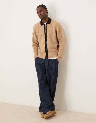 ASOS DESIGN oversized knit textured contrast zip through in beige-Neutral