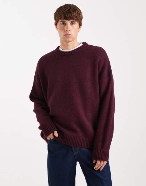 ASOS DESIGN oversized knit textured crew neck sweater in burgundy - view 1