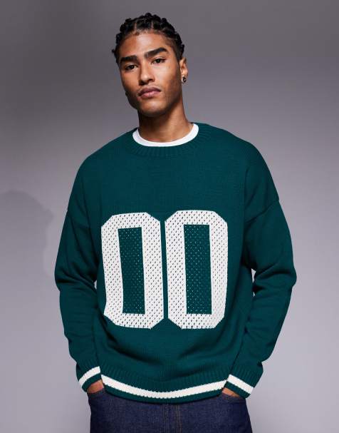 ASOS DESIGN oversized knit textured sweater with 00 graphic in dark green - view 1