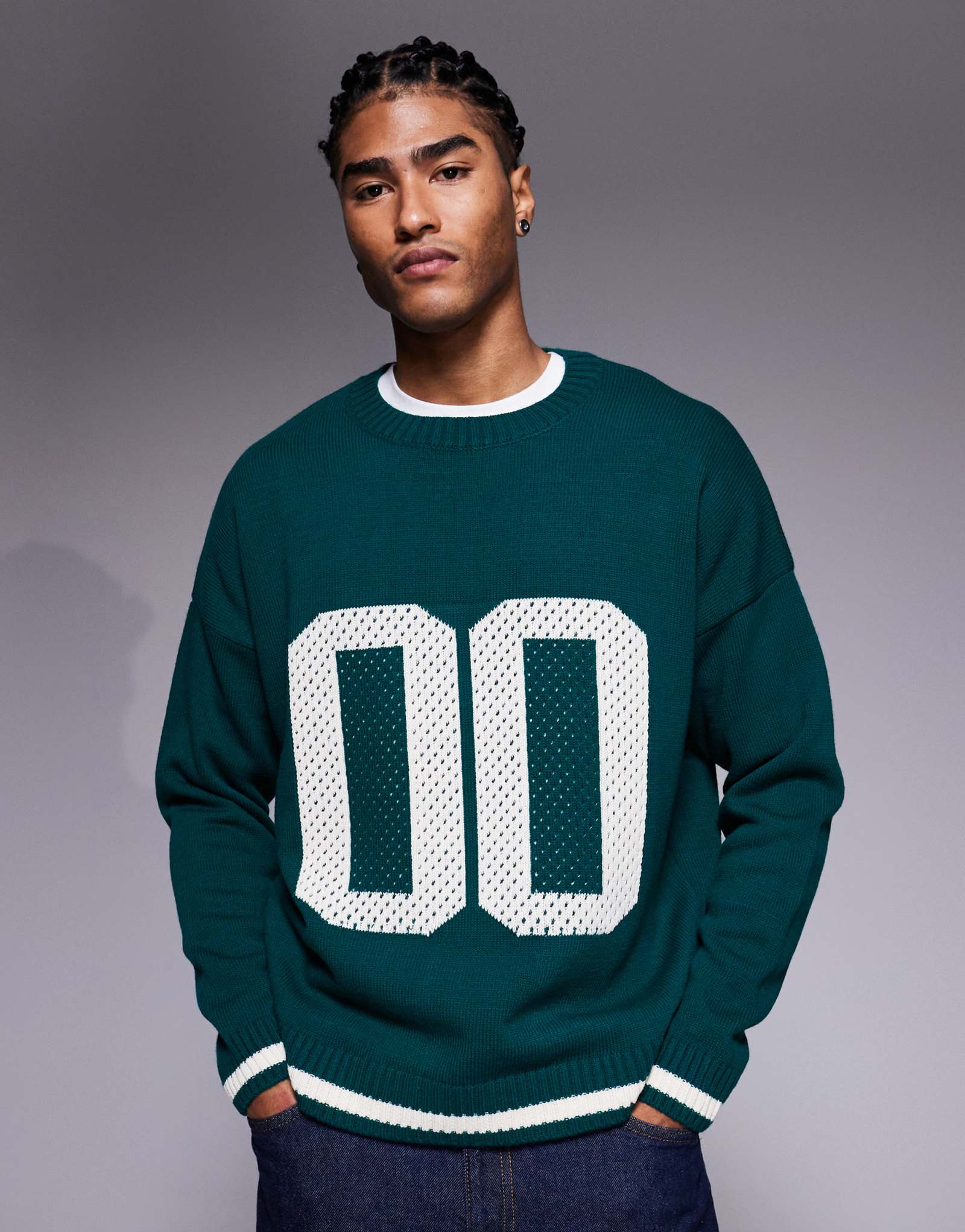 ДИЗАЙНЕРСКИЙ свитер оверсайз из текстурированной трикотажной ткани ASOS DESIGN с рисунком 00 темнозеленого цвета
