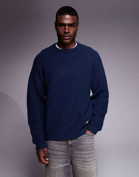 ASOS DESIGN oversized knit textured sweater with woven label in navy - view 1