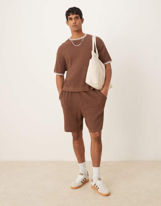 ASOS DESIGN oversized knit textured T-shirt and shorts set in brown