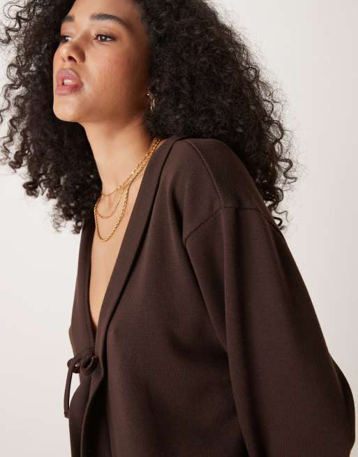 ASOS DESIGN oversized knit tie front in chocolate - part of a set