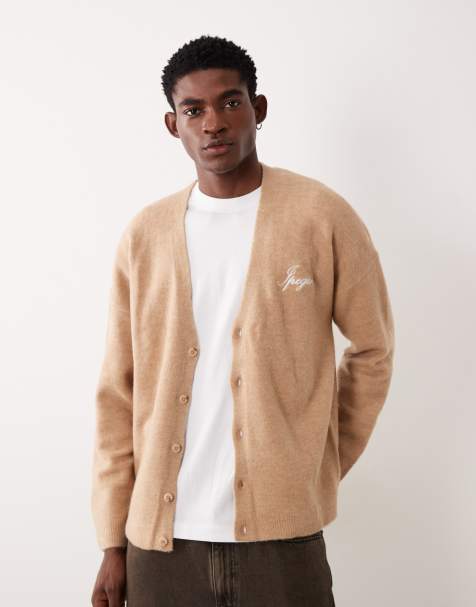 ASOS DESIGN oversized knitted v-neck cardigan with Ipegaso embroidery in beige