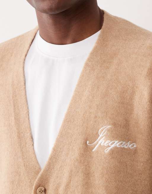 ASOS DESIGN oversized knit v-neck cardigan with Ipegaso embroidery in beige, 3 of 5