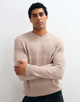 Asos Design Oversized Knit V-neck Sweater In Neutral