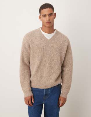 Asos Design Oversized Knit V-neck Sweater With Wool In Brown