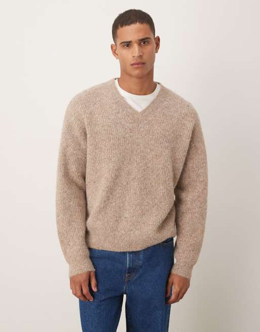 ASOS DESIGN oversized knit v-neck sweater with wool in beige