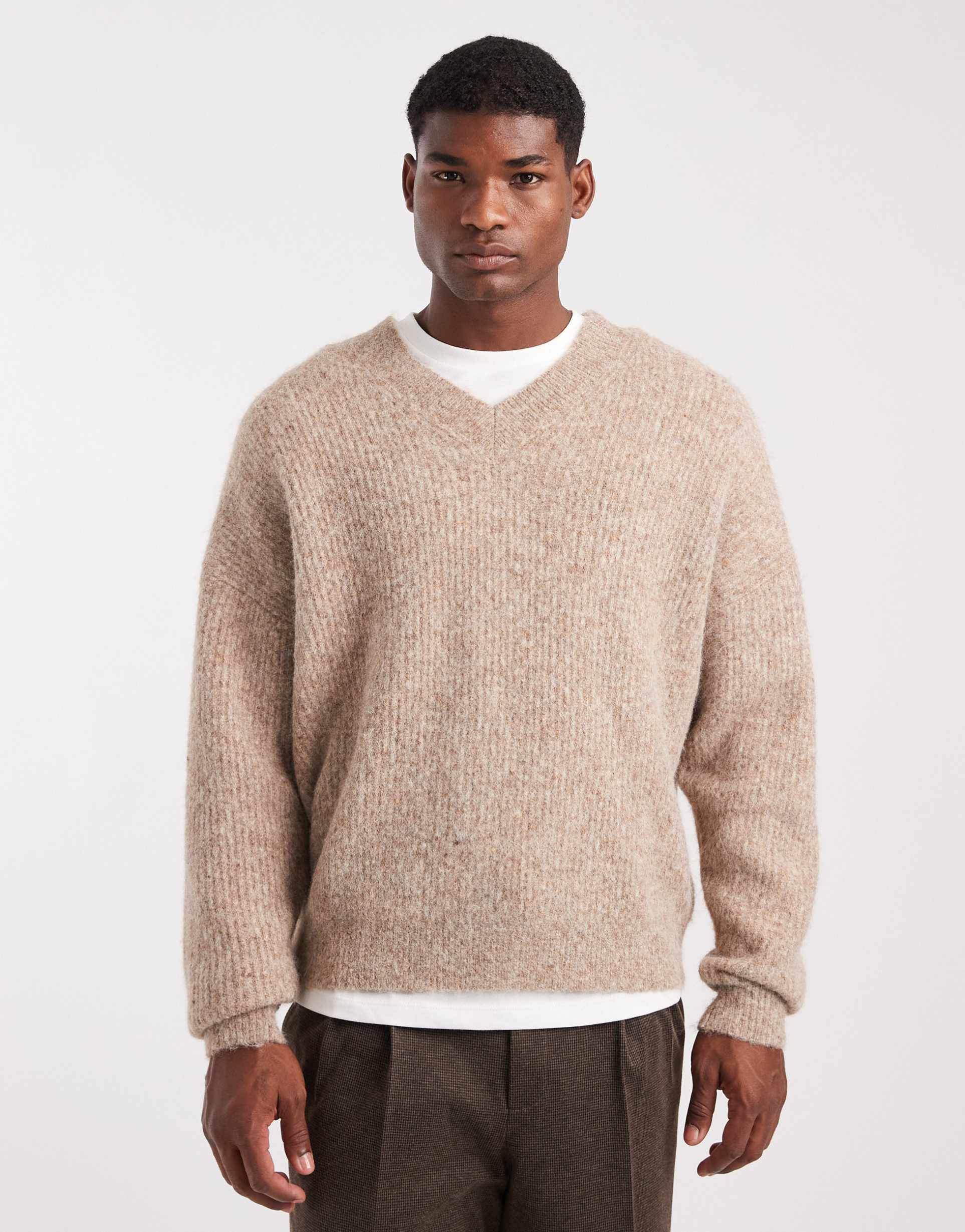 ASOS DESIGN oversized knit v-neck wool blend sweater in beige