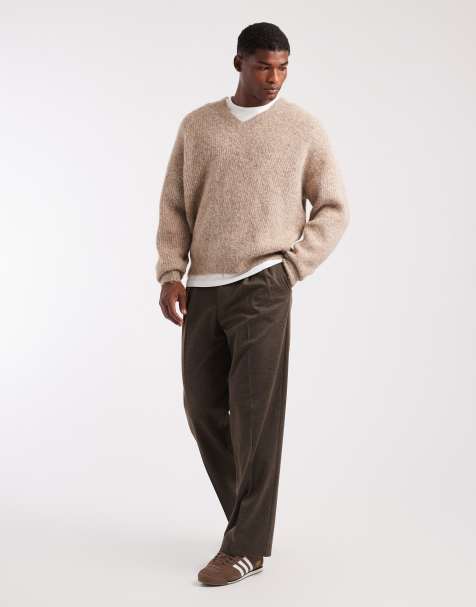 ASOS DESIGN oversized knit v-neck wool blend sweater in beige - view 1