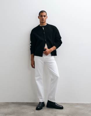 Asos Design Oversized Knit Wool Blend Ribbed Crew Neck Cardigan In Black