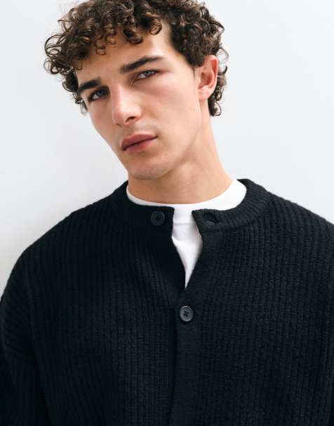 ASOS DESIGN oversized knit wool blend ribbed crew neck cardigan in black - view 1
